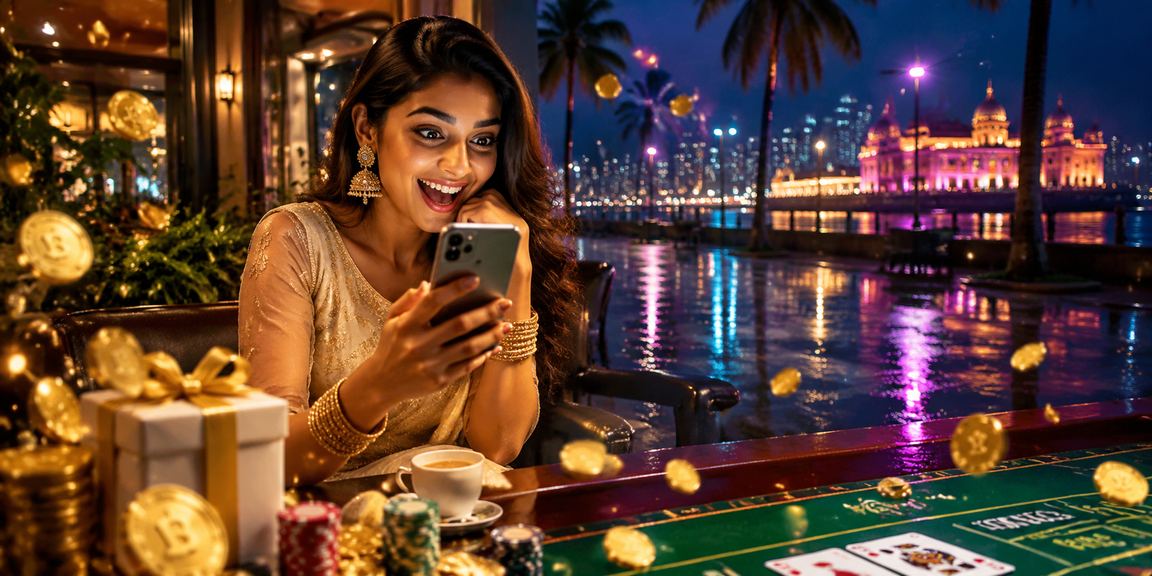 Neon lit casino baccarat tables in Mumbai representing online gaming